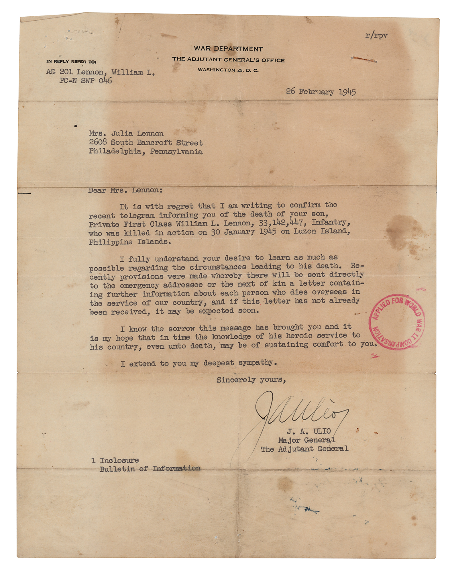 Douglas MacArthur Typed and Signed Letter of Condolence | RR