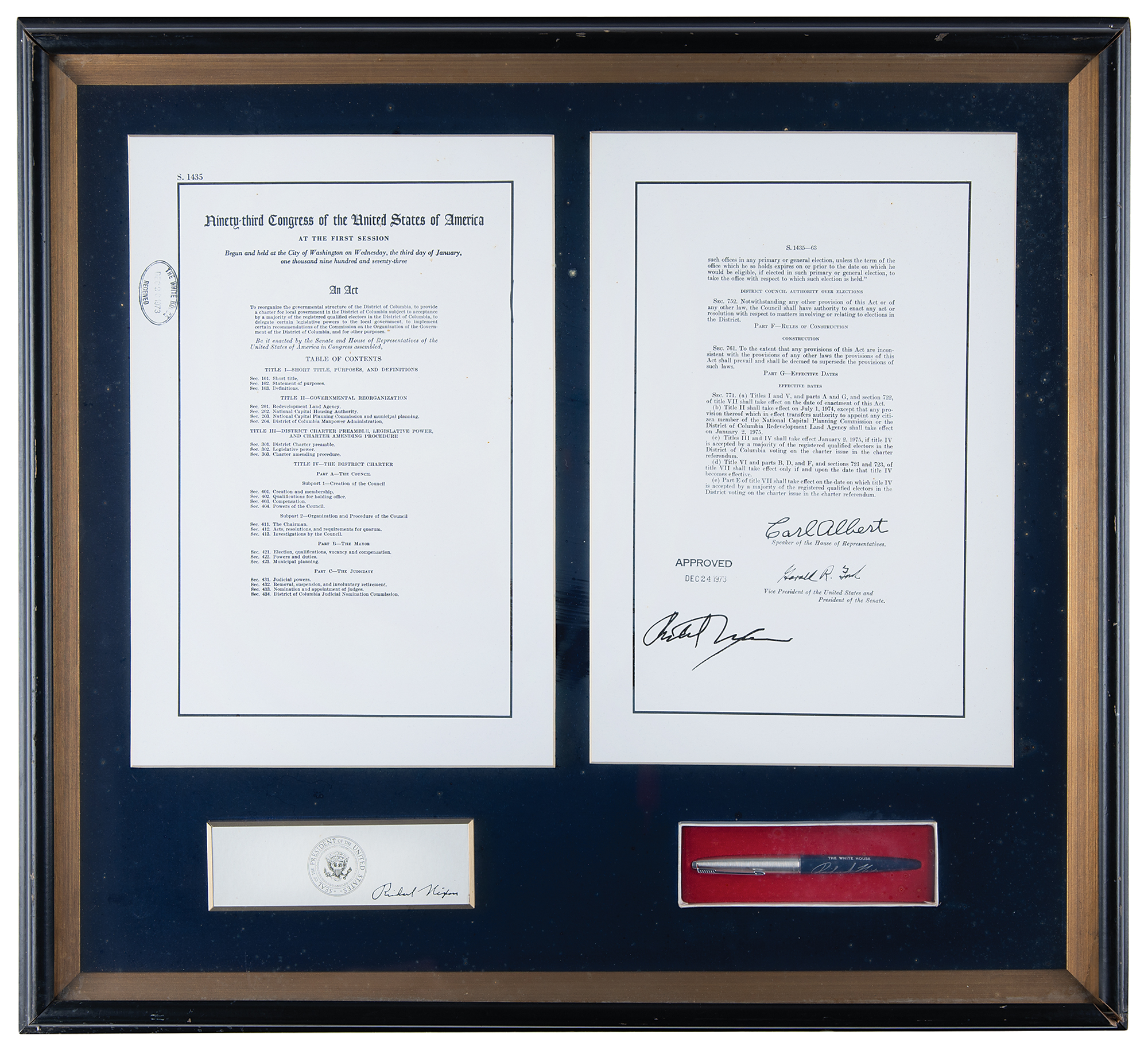 Lot 76 Richard Nixon District of Columbia Home Rule Act Bill Signing Pen