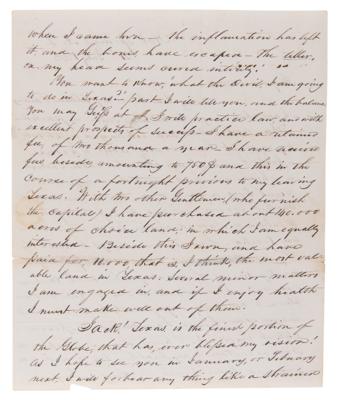 Lot #155 Sam Houston Autograph Letter Signed to Brother on His Arrival in Texas: 