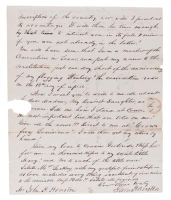 Lot #155 Sam Houston Autograph Letter Signed to Brother on His Arrival in Texas: 
