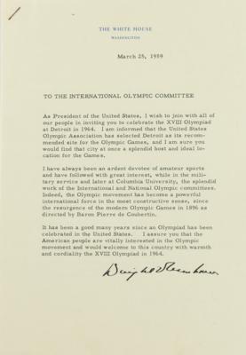Lot #25 Dwight D. Eisenhower Typed Letter Signed as President to International Olympic Committee, Supporting Detroit as Host for the 1964 Summer Olympics - Image 1
