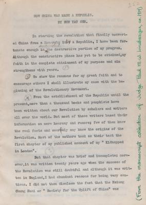 Lot #112 Sun Yat-sen Hand-Annotated Typed Manuscript: 