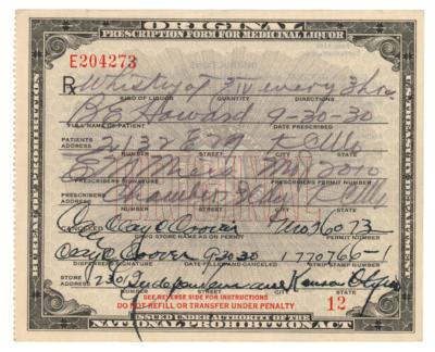 Lot #225 Prohibition: 1930 Liquor Prescription