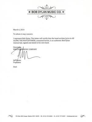 Lot #425 Bob Dylan Handwritten and Signed Lyrics for 'All Along the Watchtower' - Image 2