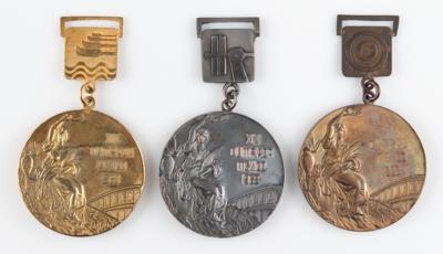 Lot #3085 Mexico City 1968 Summer Olympics Set of Gold, Silver, and Bronze Winner's Medals with Pins in Presentation Box - Image 2