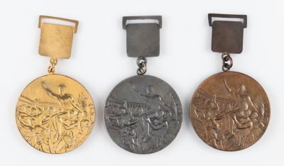Lot #3085 Mexico City 1968 Summer Olympics Set of Gold, Silver, and Bronze Winner's Medals with Pins in Presentation Box - Image 3
