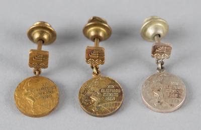 Lot #3085 Mexico City 1968 Summer Olympics Set of Gold, Silver, and Bronze Winner's Medals with Pins in Presentation Box - Image 4