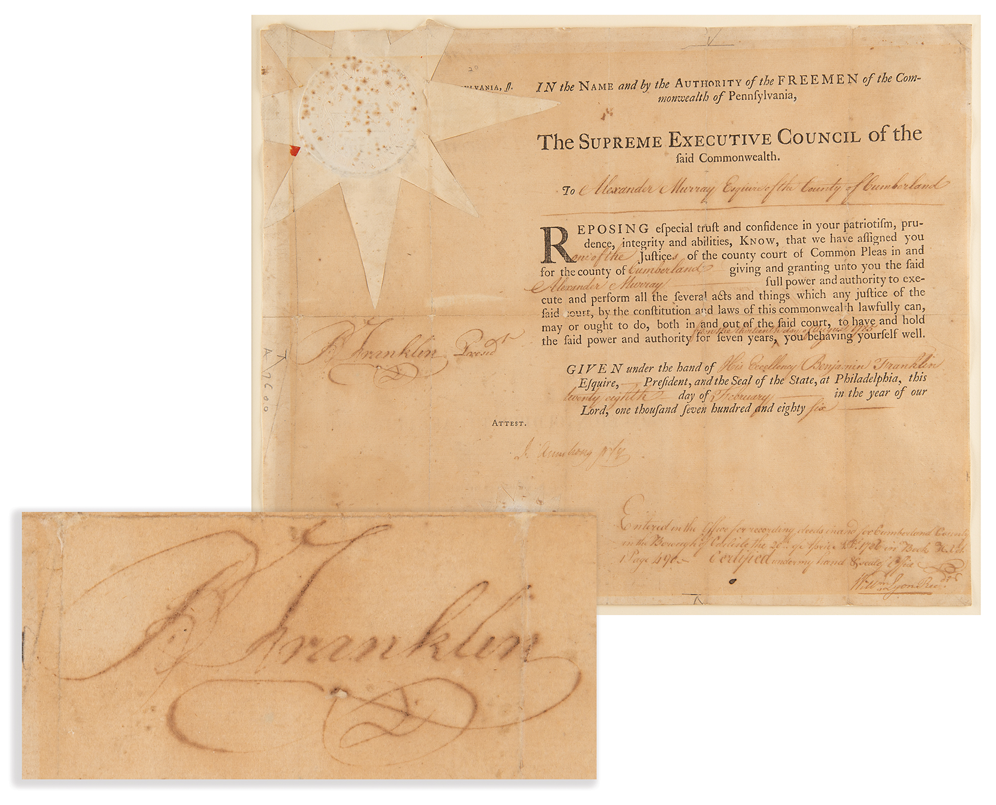 Lot 131 Benjamin Franklin Document Signed as President of Pennsylvania, Assigning a Justice to 