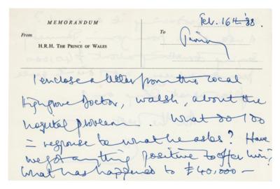 Lot #192 King Charles III Autograph Memo Signed to Jimmy Savile on Charity for Hospital - Image 1