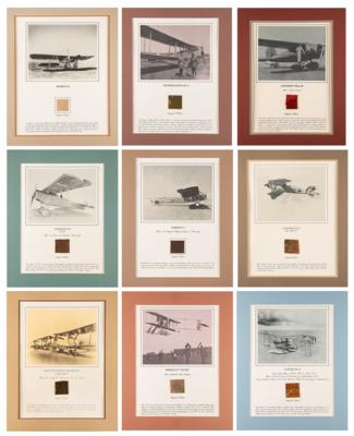 Lot #277 Smithsonian Air & Space Museum Relic Prints (9) with Wright Bros. and Amelia Earhart: Complete collection of Smithsonian fabric relics, including Earhart?s Lockheed Vega and a Wright Vin Fiz - Image 1