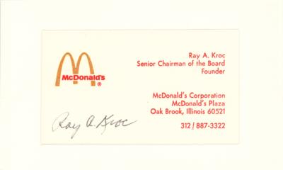 Lot #207. Ray Kroc Signed McDonald's Business Card