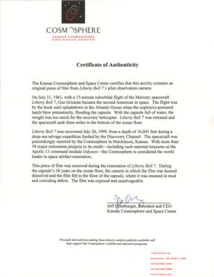 Lot #326 Liberty Bell 7 Flown Film Film Fragment - Image 3