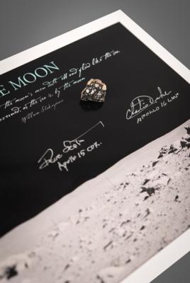 Lot #338 Northwest Africa (NWA) 11303 Lunar Meteorite Slice with Charlie Duke and Dave Scott Signed Photograph: Eye-catching slice of a lunar meteorite, paired with a photo signed by two moon rock?collecting moonwalkers - Image 1