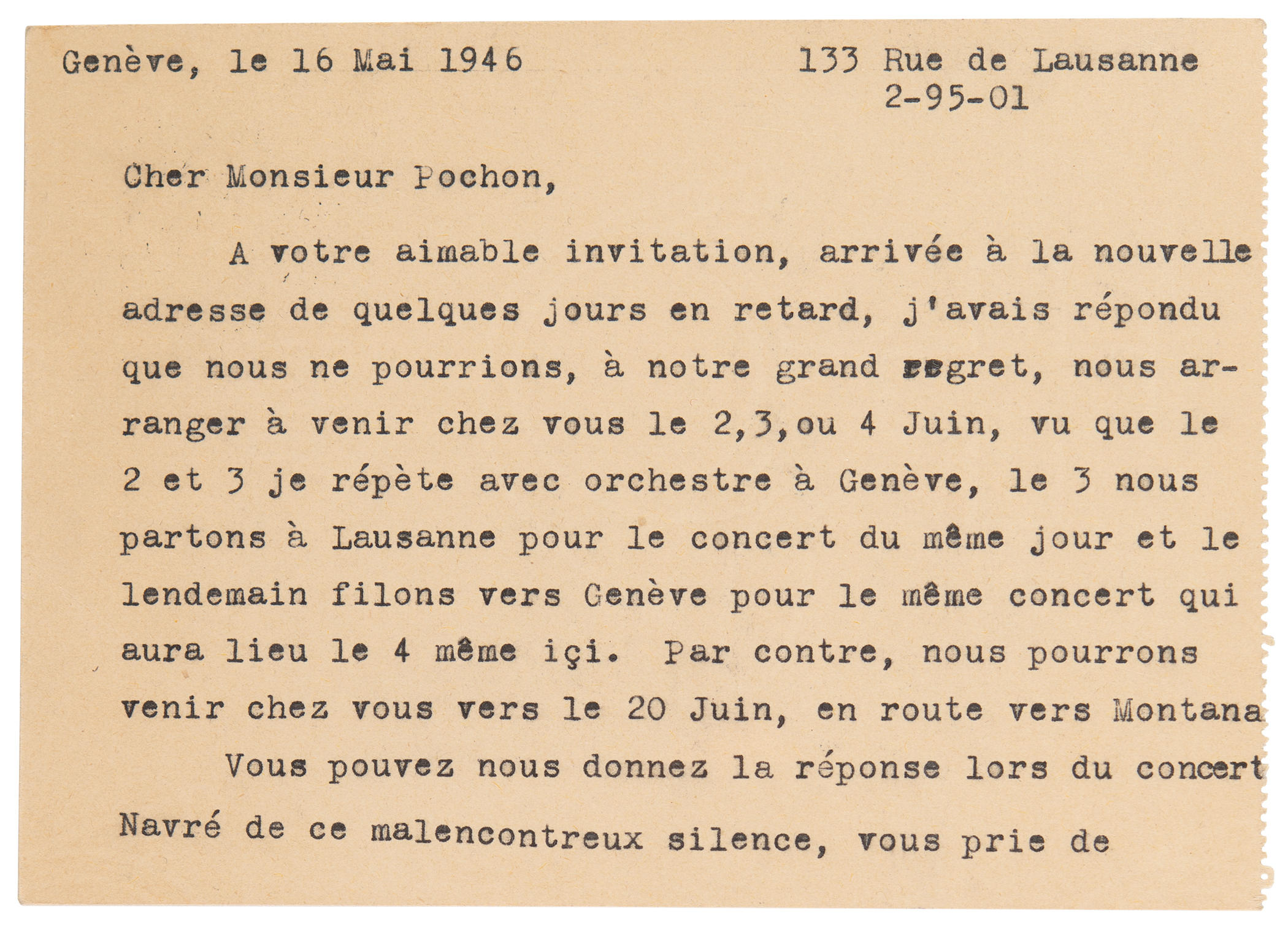 Lot #443 Dinu Lipatti Typed Letter Signed on Concert Arrangements - Image 2