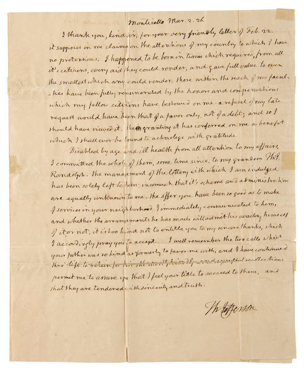 Lot #4 Thomas Jefferson Autograph Letter Signed with Free Frank on Monticello Lottery - Image 1