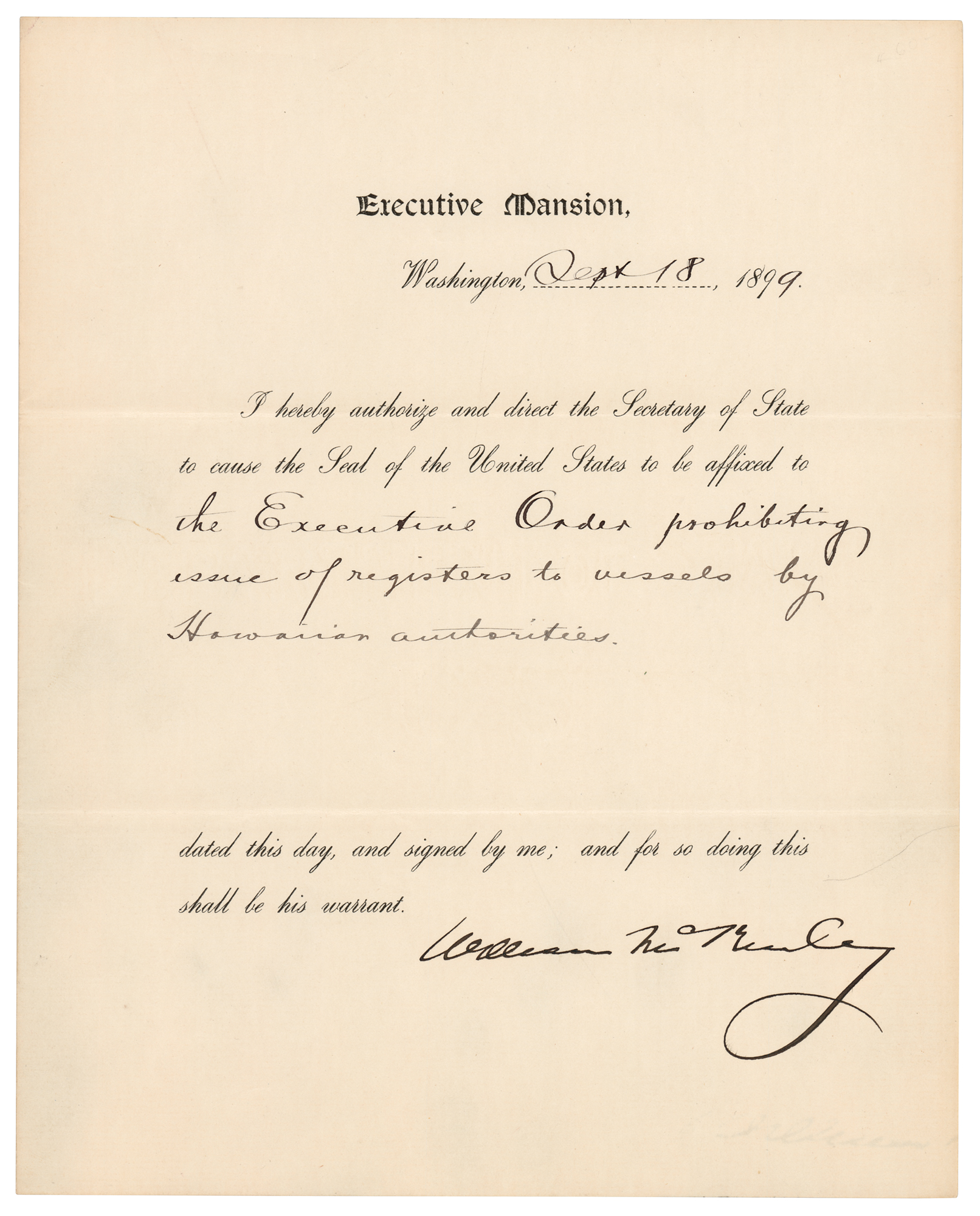 Lot 55 President William McKinley Prohibits Hawaiian Authorities to Register Vessels