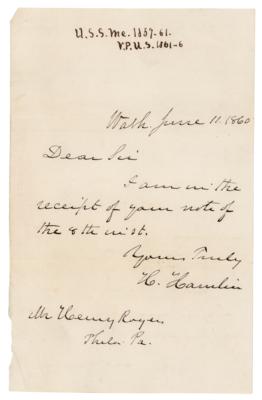 Lot #147 Hannibal Hamlin Autograph Letter Signed