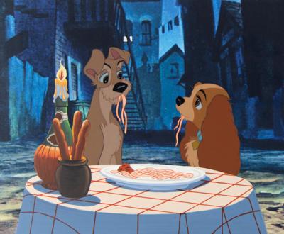 Lot #626 Lady and Tramp production cels from Lady and the Tramp: Gorgeous custom set-up from Lady and the Tramp's romantic 'Bella Notte' sequence - Image 1