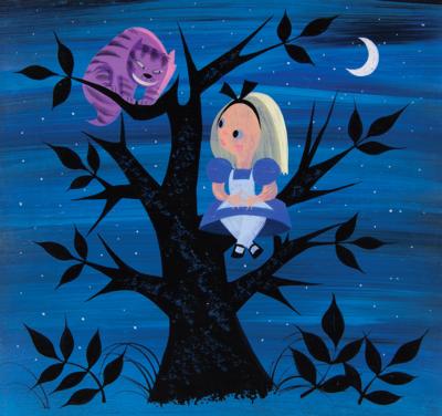 Lot #692 Mary Blair concept painting of Alice and Cheshire Cat from Alice in Wonderland: Alice meets the Cheshire Cat in Tulgey Wood—vibrant concept painting by Mary Blair for Alice in Wonderland - Image 2