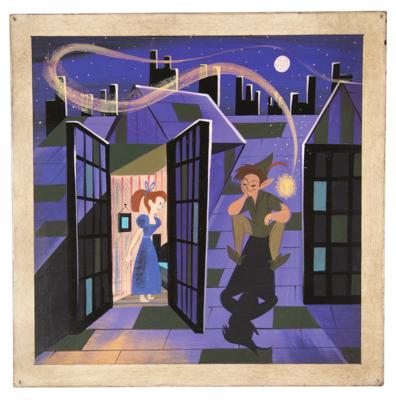 Lot #695 Mary Blair concept painting of Peter Pan, Tinker Bell, and Wendy from Peter Pan: Peter Pan and Tinker Bell visit the Darlings in London—a magical concept piece from Mary Blair - Image 2