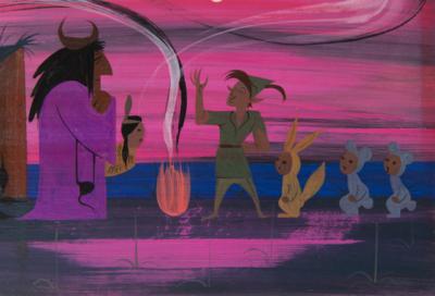 Lot #693 Mary Blair concept painting of Peter Pan, Tiger Lily, the Lost Boys, and Native Chief from Peter Pan: Peter Pan returns Tiger Lily to Neverland's Indian Village—a vividly rendered Mary Blair panorama - Image 2