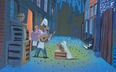 Lot #623 Eyvind Earle concept painting of Lady, Tramp, Tony, and Joe from Lady and the Tramp: Large and impressive Eyvind Earle concept painting for Lady and the Tramp's beloved 'Bella Notte' scene - Image 2