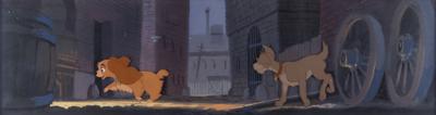Lot #624 Lady and Tramp key master set-up from Lady and the Tramp: Delightful master Lady and Tramp cels against a panoramic key production background - Image 1