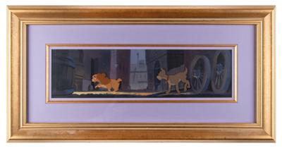 Lot #624 Lady and Tramp key master set-up from Lady and the Tramp: Delightful master Lady and Tramp cels against a panoramic key production background - Image 2