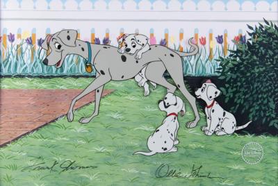 Lot #653 Perdita and puppies serigraph cel from One Hundred and One Dalmatians - Signed by Frank Thomas and Ollie Johnston Serigraph Cel - Image 1
