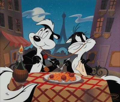Lot #713 Pepe Le Pew and Penelope Pussycat limited edition hand-painted cel from Clampett Studio Collections - 'They Eat Pasta Too!' - Image 1