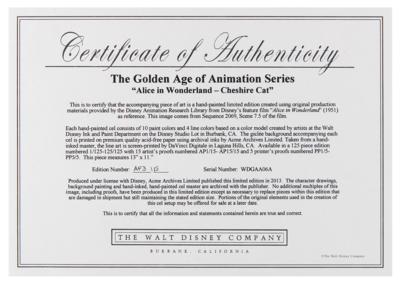 Lot #686 Cheshire Cat limited edition cel from Alice in Wonderland: Long sold-out limited 'Alice in Wonderland – Cheshire Cat' cel from the Golden Age of Animation Series - Image 5