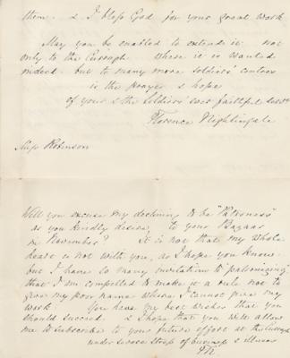 Lot #98 Florence Nightingale Autograph Letter Signed, Sending a Donation to the 