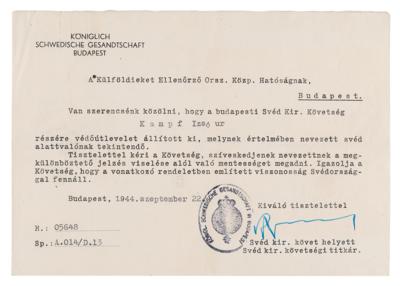 Lot #99 Raoul Wallenberg Document Signed (1944) - Schutz-Pass Related - Image 1
