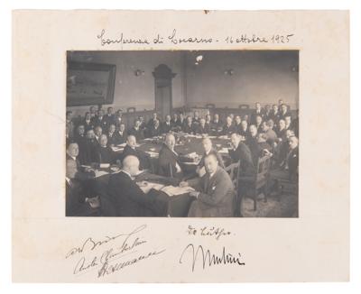 Lot #86 Benito Mussolini Signed '1925 Locarno Treaties' Photograph with Signatures of (3) Nobel Peace Prize Laureates - Image 1