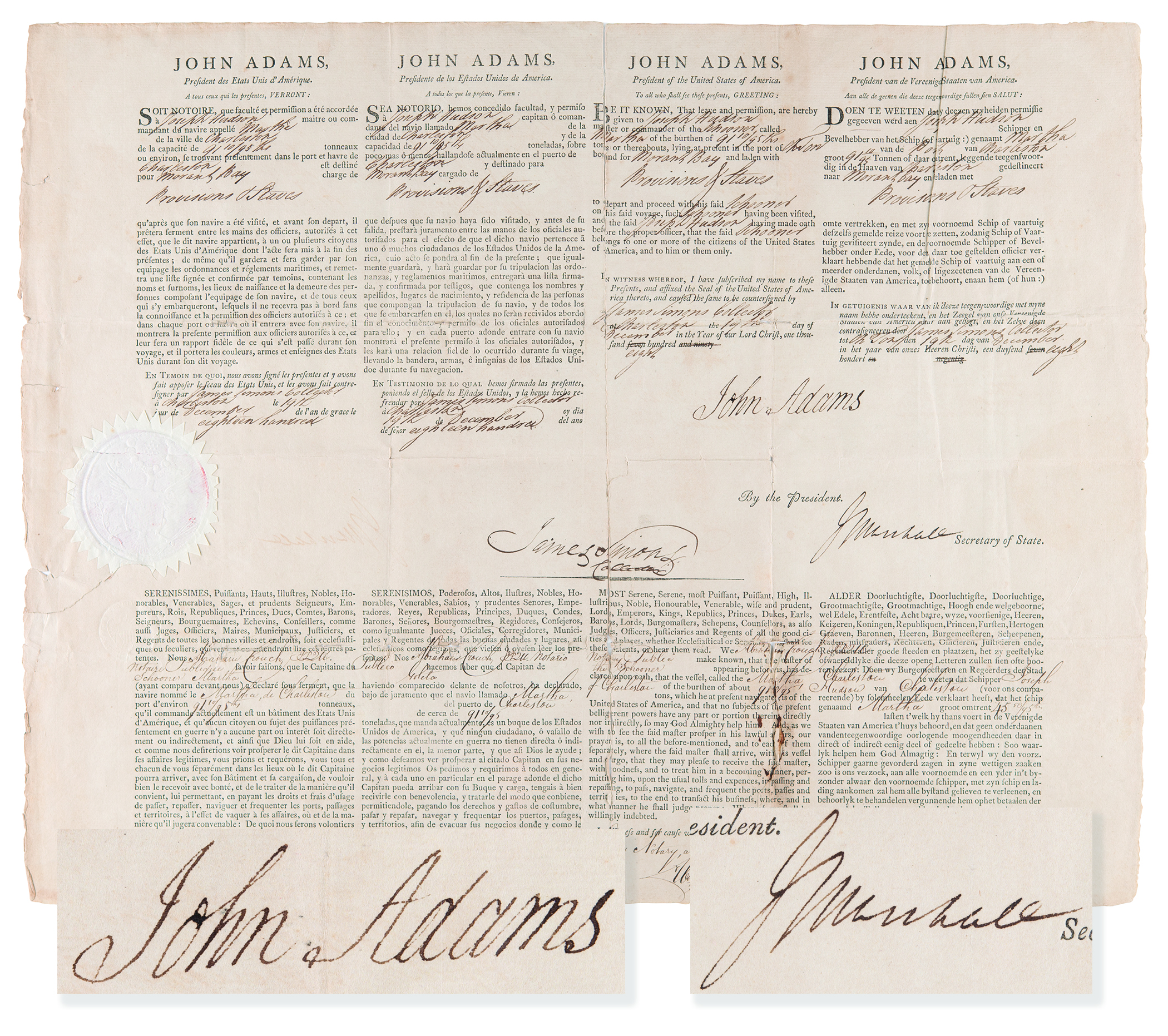 Lot #2 John Adams and John Marshall Signed Four-Language Ship's Passport - Image 1