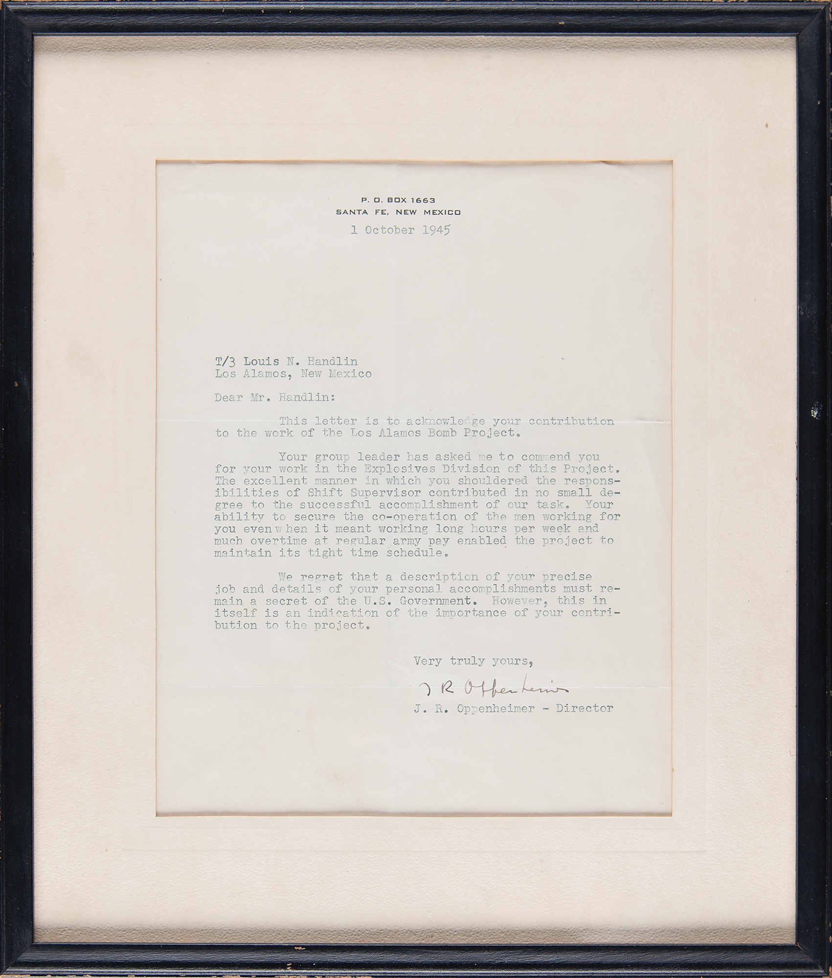 Robert Oppenheimer Typed Letter Signed to a Manhattan