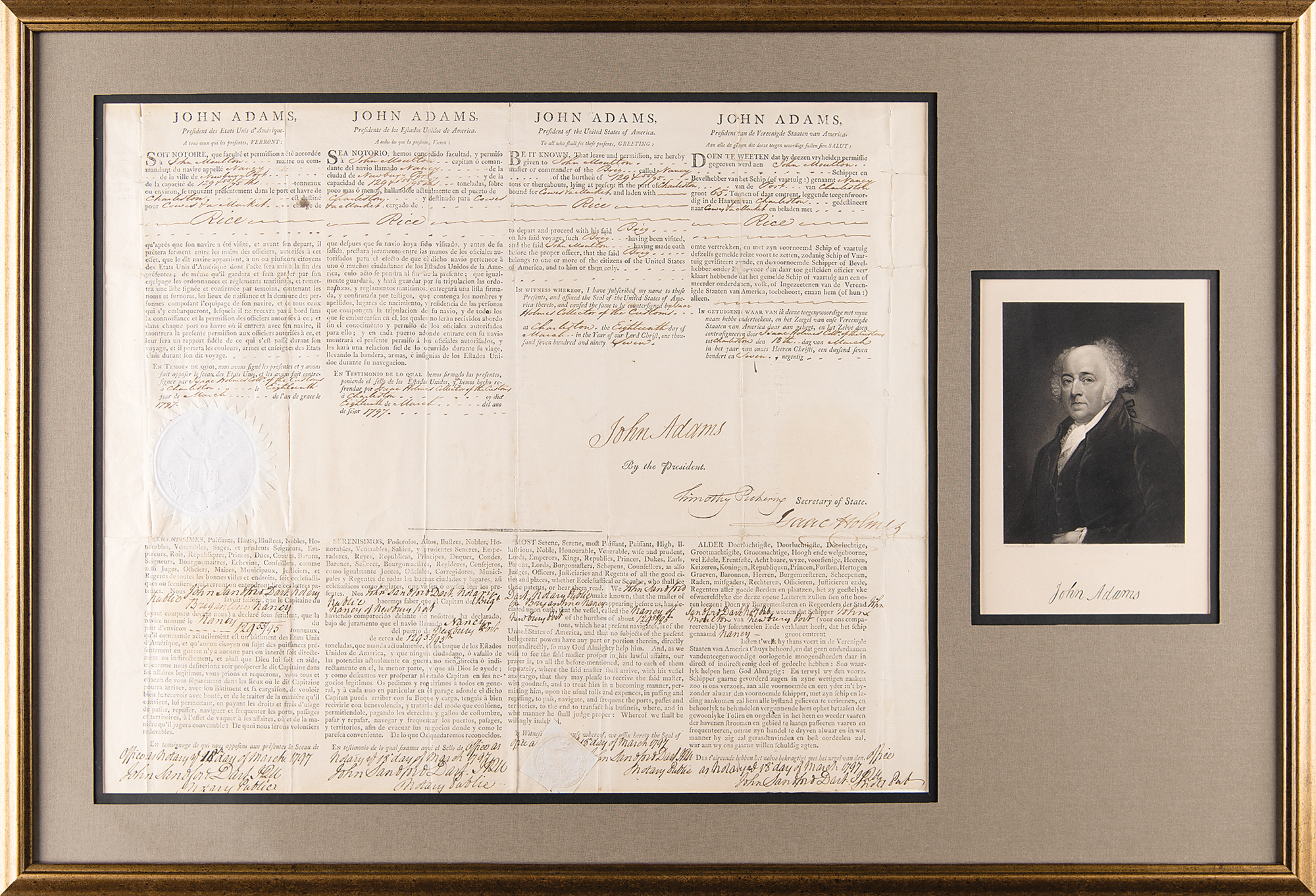 John Adams Signed Four-Language Ship's Passport as President | RR