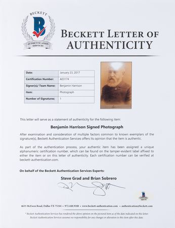 Lot #31 Benjamin Harrison Signed Oversized Portrait Photograph as President-Elect - Image 4