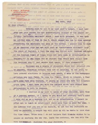 Lot #313 Titanic: C. Emil Rönne Typed Letter Signed on America's Disaster Response - Image 1