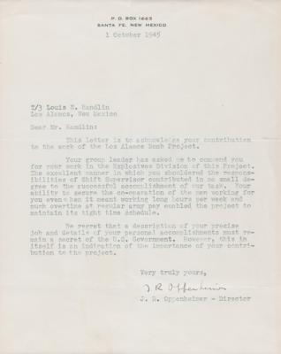 Lot #186 Robert Oppenheimer Typed Letter Signed to a Manhattan Project Employee in the 'Explosives Division' - 