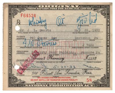 Lot #290 Prohibition: 1933 Liquor Prescription for