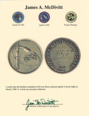 Lot #524 Jim McDivitt's Apollo 9 Flown Robbins Medallion: Apollo 9 Robbins Medallion flown with CDR Jim McDivitt on his final spaceflight - Image 3
