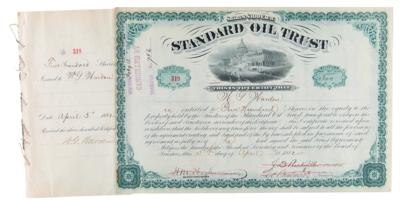 Lot #168 John D. Rockefeller, Henry Flagler, and Jabez A. Bostwick Signed Standard Oil Stock Certificate - Image 1