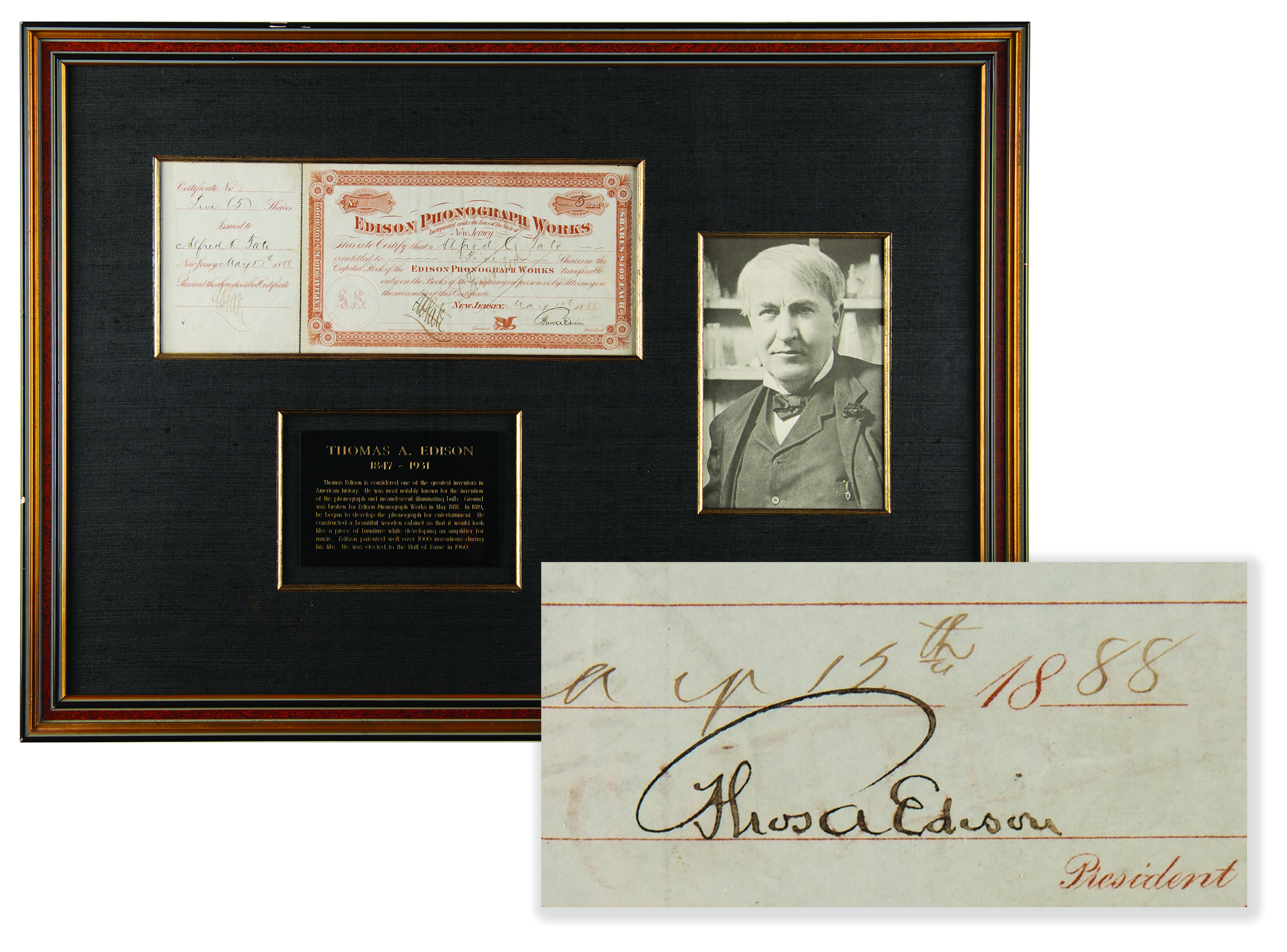 Lot #173 Thomas Edison Signed Stock Certificate