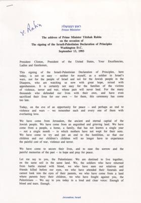 Lot #158 Yitzhak Rabin Signed Official Typescript Copy of His Israel-Palestine Peace 'Oslo I Accord' Address - Image 1