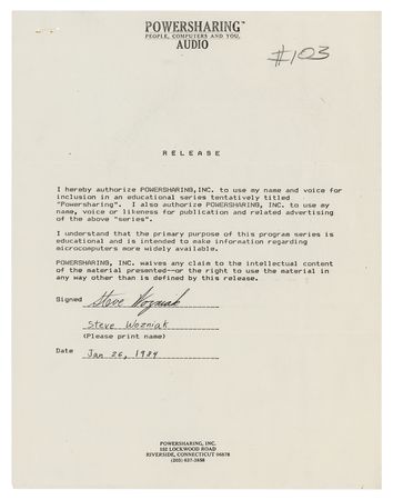 Lot #3088 Apple Computer: Steve Wozniak Signed Document Consenting to the Release of his Speaking Engagement, 1984 - Image 1