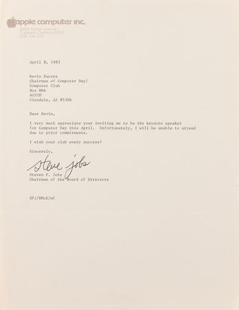 Lot #3081 Steve Jobs Typed Letter Signed (1983), Declining an Early Keynote Speaking Engagement - Image 1