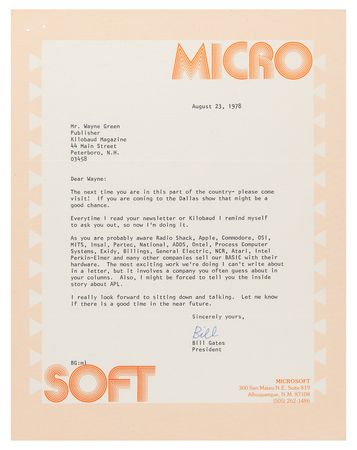 Lot #3147 Bill Gates Early Typed Letter Signed (1978) - listing Apple, Atari, and RadioShack as companies that 