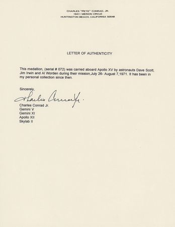 Lot #4261 Apollo 15 Flown Robbins Medallion - From the Personal Collection of Charles Conrad - Image 4