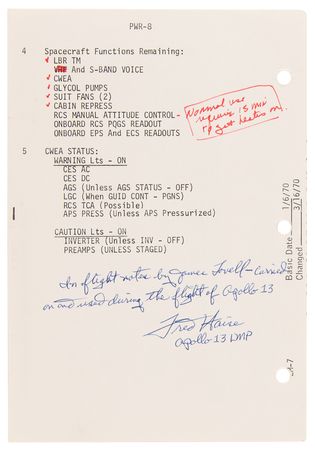 Lot #4218 Apollo 13 Flown LM Contingency Checklist